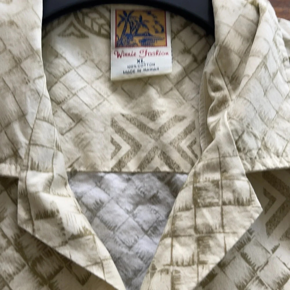 Winnie Fashion Hawaiian Button Up Shirt USA Palm Surf Beige Gray Mens XL - Picture 11 of 14